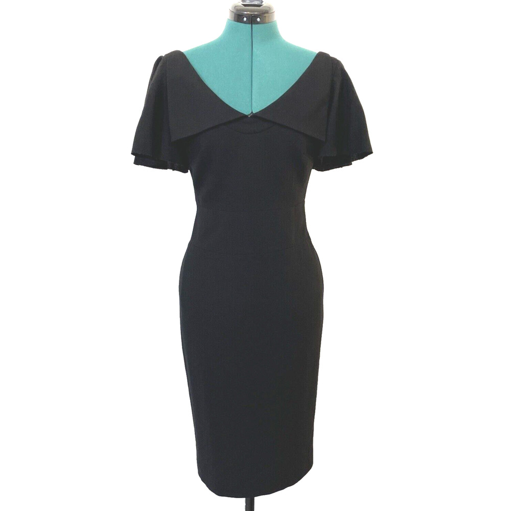 Ted Baker London‎ Black 100% Wool Flutter Sleeve V-Neck Sheath Dress Size 2